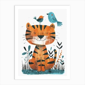 Small Joyful Tiger With A Bird On Its Head 6 Art Print