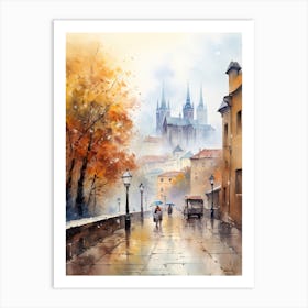 Prague Czech Republic In Autumn Fall, Watercolour 1 Art Print