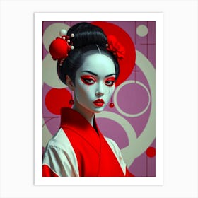 Geisha in Red-Pink Illustration-1 Art Print