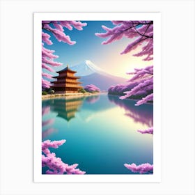 Pink Cherry Blossoms Mount Fuji Japan Beautiful Lake Landscape Art Print