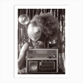 Black And White Woman With A Disco Ball And Boombox 0 Art Print