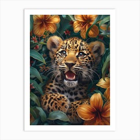 A Happy Front faced Leopard Cub In Tropical Flowers 13 Art Print