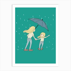 Mother And Daughter In The Rain Art Print