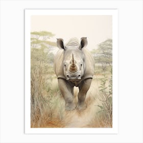 Rhino Walking Through Nature Vintage Illustration 1 Art Print