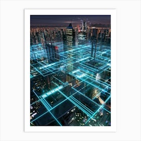 A Futuristic Cityscape Interconnected By Glowing Cyber Security Mesh Networks Represented By Pulsat (7) Art Print