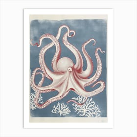 Octopus Linocut Style With Aqua Marine Plants 1 Art Print