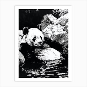 Giant Panda Relaxing In A Hot Spring Ink Illustration 4 Art Print