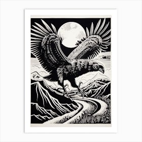 B&W Bird Linocut California Condor 2 Art Print