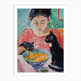 Portrait Of A Woman With Cats Eating Ramen 3 Art Print