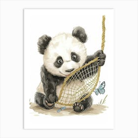 Giant Panda Cub Playing With A Butterfly Net Storybook Illustration 2 Art Print