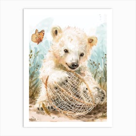 Polar Bear Cub Playing With A Butterfly Net Storybook Illustration 1 Art Print