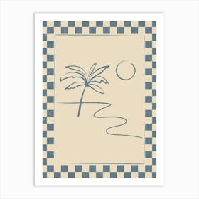Palm Tree Beach Scene with Checkered Border Art Print