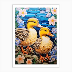 Ducklings With The Flowers Japanese Woodblock Style 3 Art Print