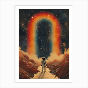 Space Odyssey: Retro Poster featuring Asteroids, Rockets, and Astronauts: Rainbow In Space Art Print