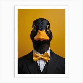 A whimsical portrait of a duck with a sleek black head and bright yellow beak, dressed in a classic black tuxedo and a cheerful yellow bow tie. Art Print