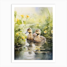 Ducklings In Lake Watercolour 1 Art Print