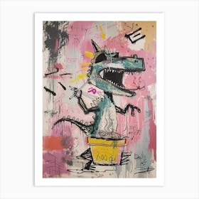 Dinosaur Eating Ramen Pink Graffiti Brushstroke Art Print