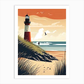 North Germany, Sunset And Lighthouse - Retro Landscape Beach and Coastal Theme Travel Poster Art Print