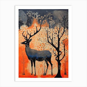 Deer, Woodblock Animal  Drawing 2 Art Print