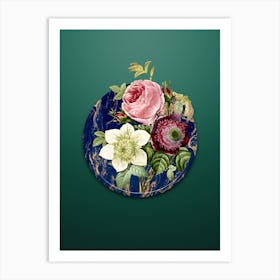 Vintage Anemone Rose Botanical in Gilded Marble on Dark Spring Green n.0026 Art Print