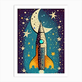 Whimsical Rocket Launch with Moon and Stars Poster