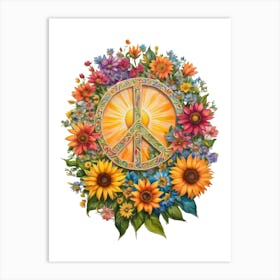Flowers Sun Peace Sign - By Free Spirits and Hippies Official Wall Decor Artwork Hippy Bohemian Meditation Room Typography Minimalist Wording Groovy Trippy Psychedelic Boho Yoga Chick Gift For Her Art Print