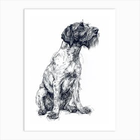 German Wirehaired Pointer Dog Black & White Line Sketch 2 Art Print