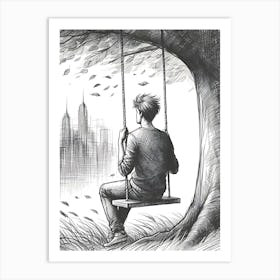 Moody Man on Swing Sketch 4 Art Print