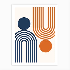 Mid Century Modern Geometric in classy navy blue burnt orange (Rainbow and Sun Abstract Design) 5 Art Print