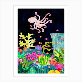 Octopus  And Coral Reef Art Print