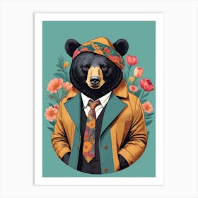 Floral Black Bear Portrait In A Suit (29) Art Print