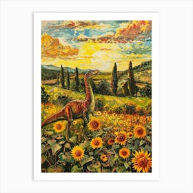 Dinosaur In A Sunflower Field Landscape Painting 1 Art Print