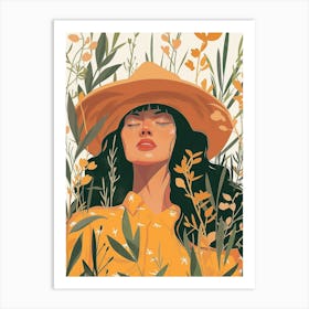 Boho Illustration Of A Girl In A Hat Art Print