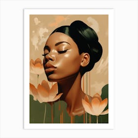 Black Woman With Lotus Flowers Art Print