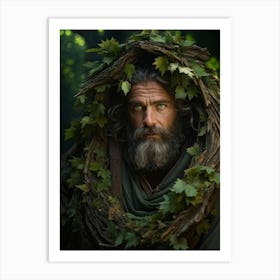 Weathered Man With Deep Green Eyes Cheeks Tucked Under Furrowed Brow Enveloped By Vibrant Organic Art Print