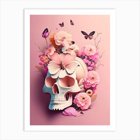 Skull With Butterfly 2 Motifs Pink Vintage Floral Art Print