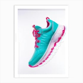 Turquoise And Pink Leather Sneaker Magic Infused Jumping Sole Visible Hovering Against A Stark Whi Art Print