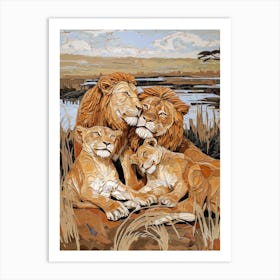 African Lion Relief Illustration Family 2 Art Print