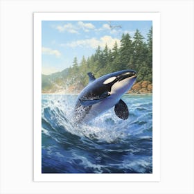 Realistic Orca Whale Illustration Splashing Through Waves Art Print
