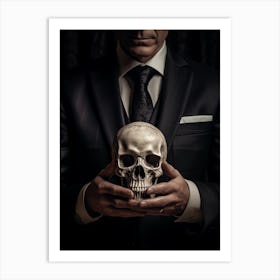 A Hand In A Suit Is Holding One Of The White Skulls Art Print