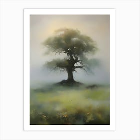 Oak tree, fine work of art, misty atmosphere, green meadow..15 Art Print