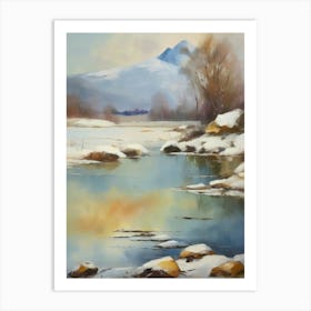 Ancient landscapes, old winter oil paintings and rocks around the lake bank. Snow is falling on the lake, old colors.1 2 Art Print