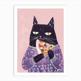 Cute Black Cat Eating A Pizza Slice Folk Illustration 1 Art Print