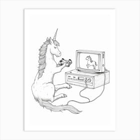 Unicorn Playing Video Games Black & White Doodle Art Print