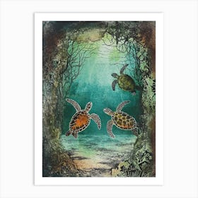 Sea Turtles In An Underwater World Textured Illustration 4 Art Print