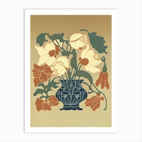Vase With Flowers Woodcut 2 Art Print