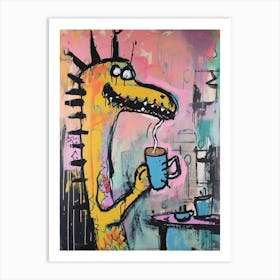 Dinosaur Drinking Coffee Pastel Pink Graffiti Brushstroke 1 Art Print