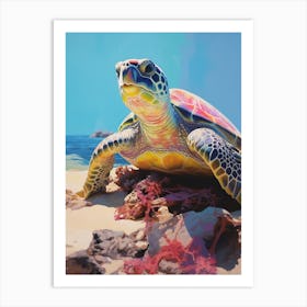 Modern Pastel Turtle Illustration With Plants 1 Art Print