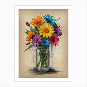 Colorful Flowers In A Jar Art Print