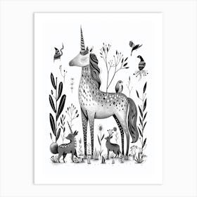 Unicorn With Woodland Animal Friends Black & White Illustration 2 Art Print